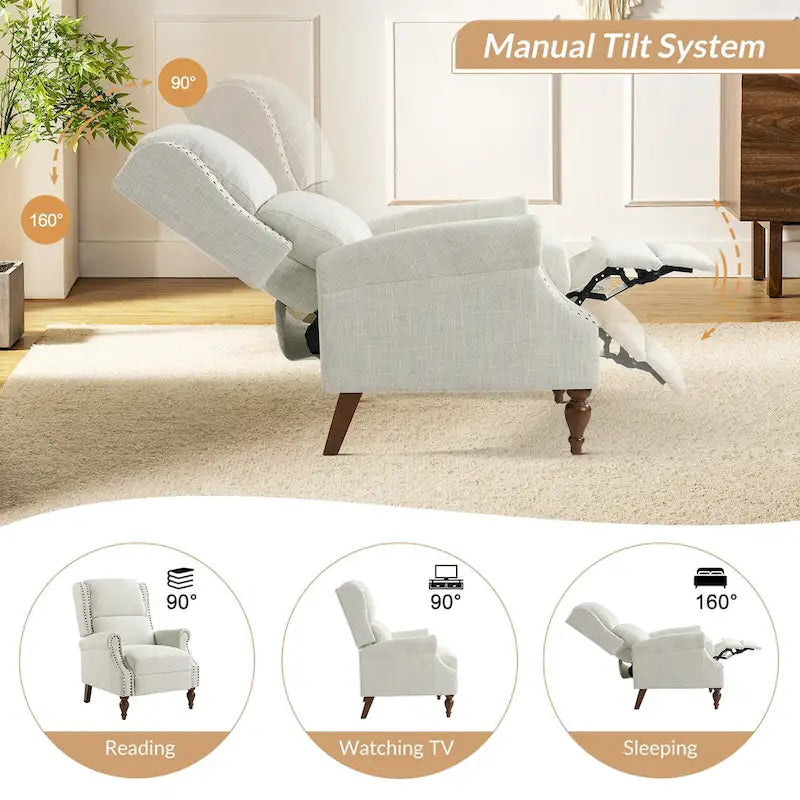 Fauteuil inclinable manuel Terri Traditional Roll Arm avec pieds en bois massif, lot de 2, par HULALA HOME