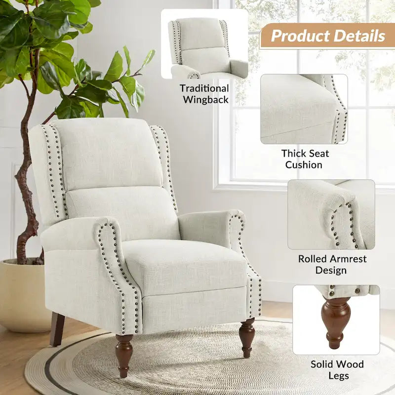 Fauteuil inclinable manuel Terri Traditional Roll Arm avec pieds en bois massif, lot de 2, par HULALA HOME