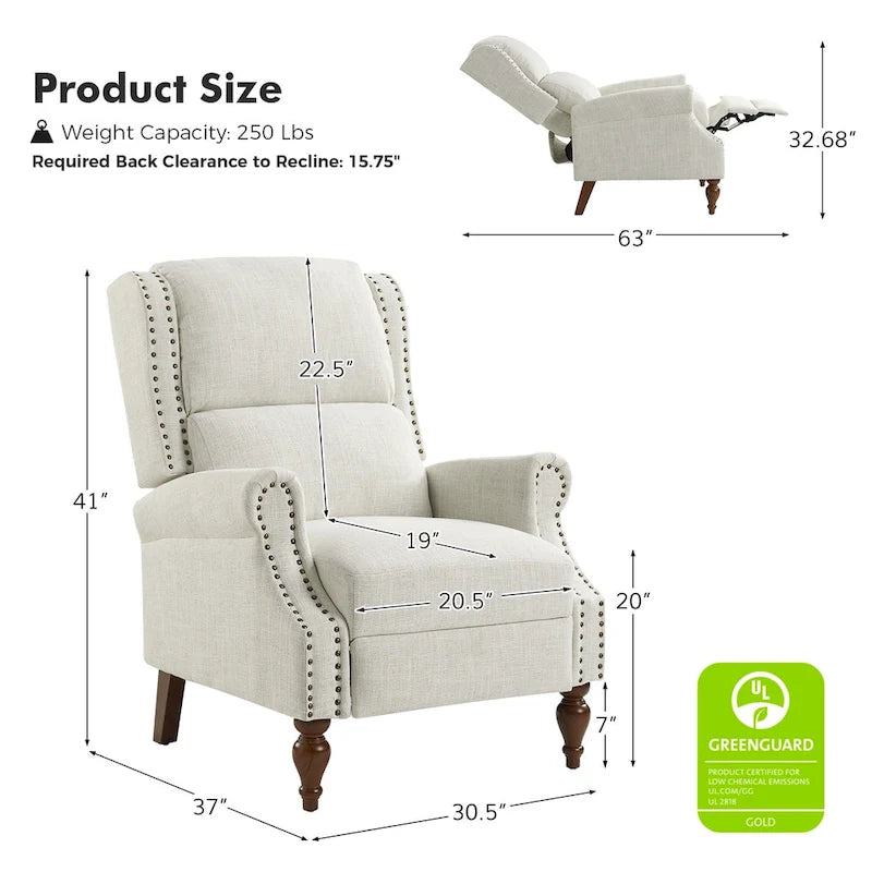 Fauteuil inclinable manuel Terri Traditional Roll Arm avec pieds en bois massif, lot de 2, par HULALA HOME