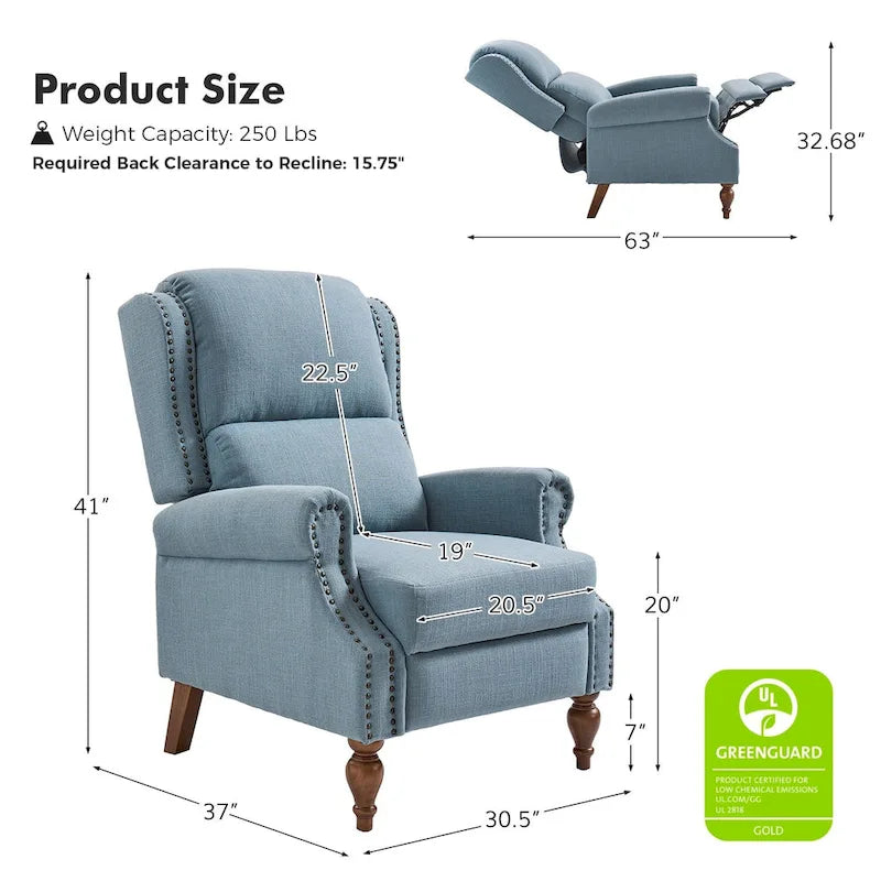 Fauteuil inclinable manuel Terri Traditional Roll Arm avec pieds en bois massif, lot de 2, par HULALA HOME