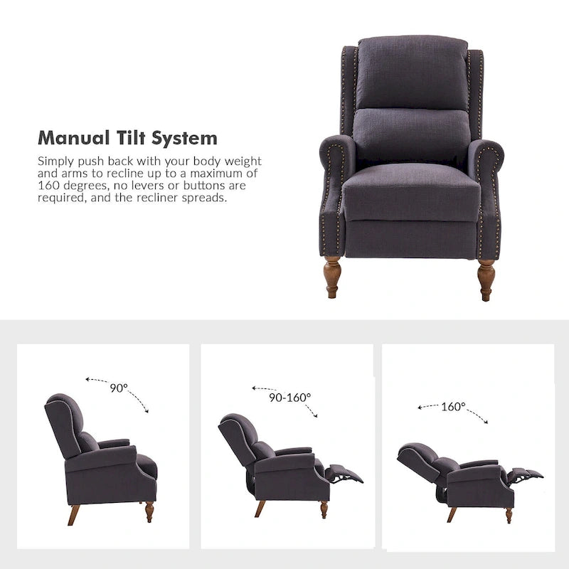 Fauteuil inclinable manuel Terri Traditional Roll Arm avec pieds en bois massif, lot de 2, par HULALA HOME