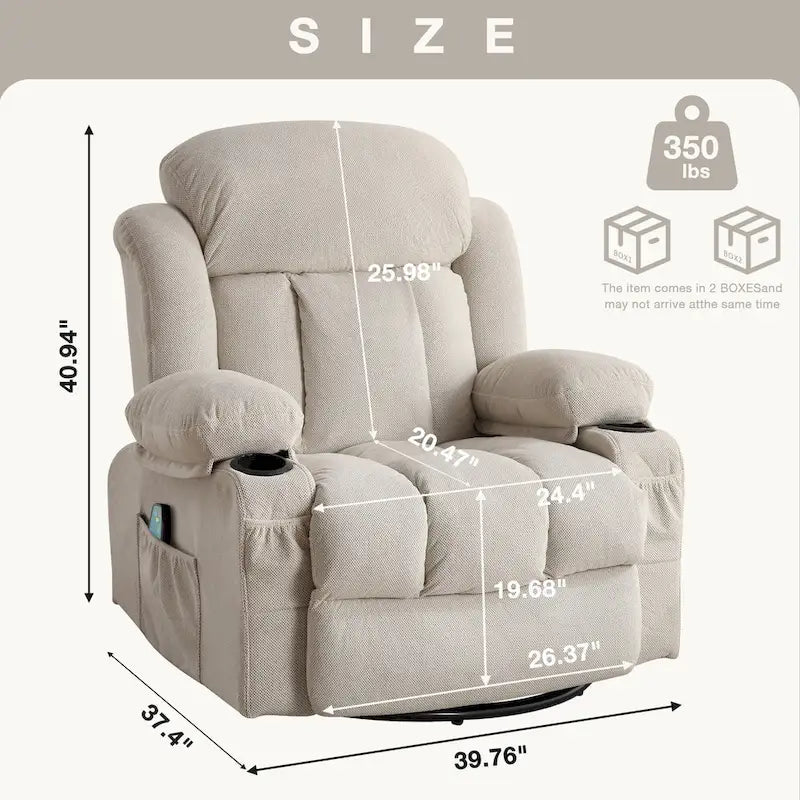 Fauteuil inclinable manuel massant et chauffant en velours capitonné avec base pivotante à 360°