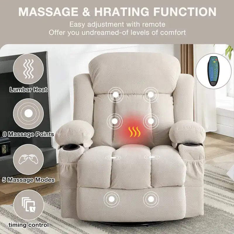 Fauteuil inclinable manuel massant et chauffant en velours capitonné avec base pivotante à 360°