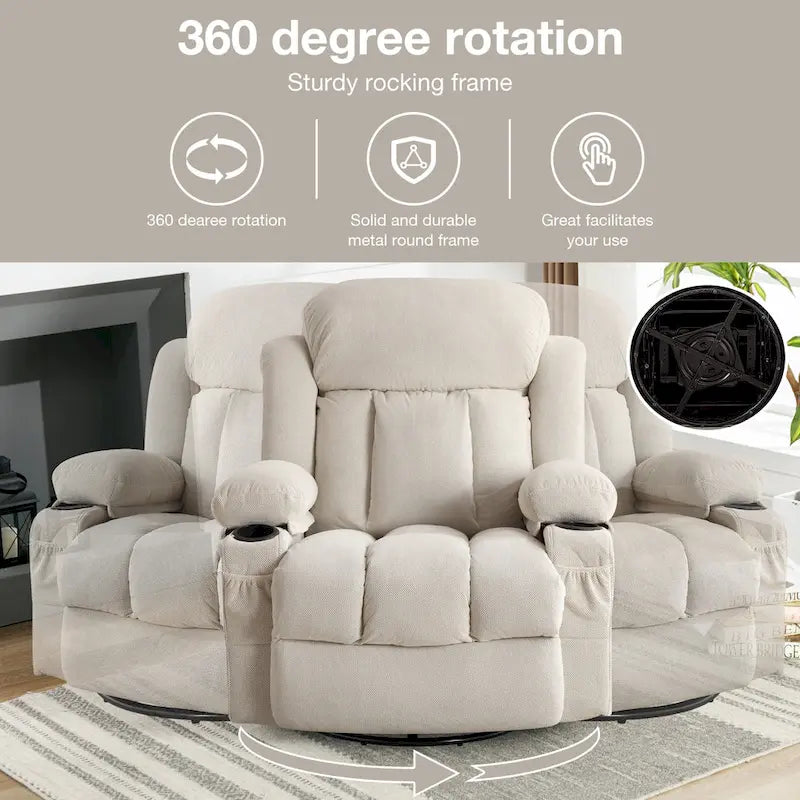Fauteuil inclinable manuel massant et chauffant en velours capitonné avec base pivotante à 360°