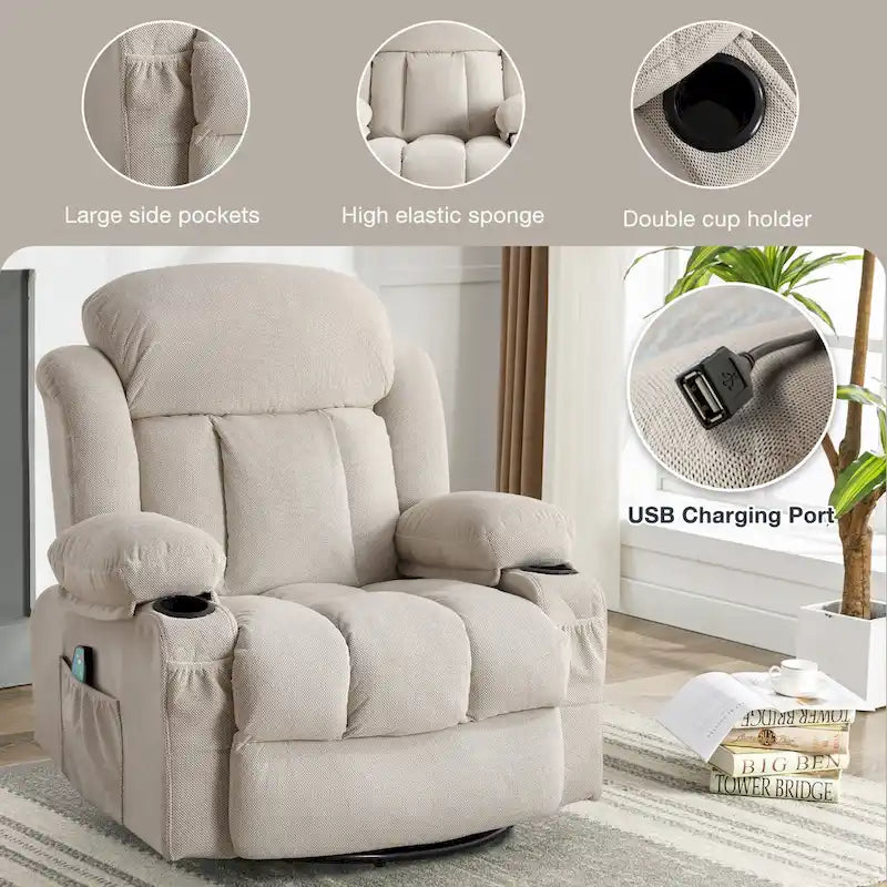Fauteuil inclinable manuel massant et chauffant en velours capitonné avec base pivotante à 360°
