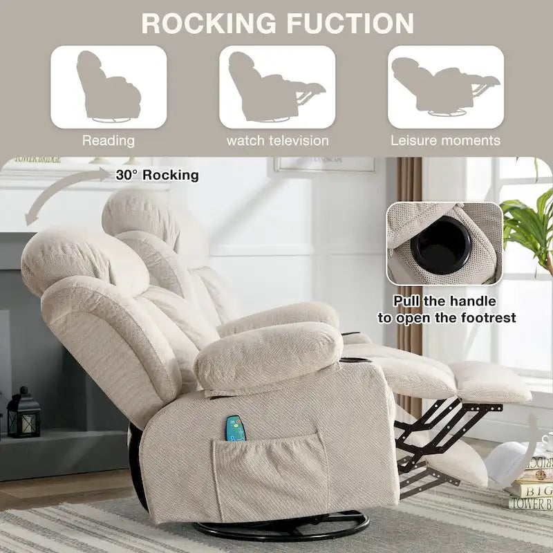 Fauteuil inclinable manuel massant et chauffant en velours capitonné avec base pivotante à 360°