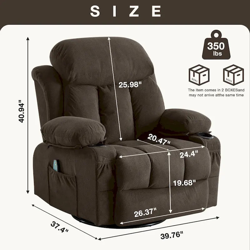 Fauteuil inclinable manuel massant et chauffant en velours capitonné avec base pivotante à 360°