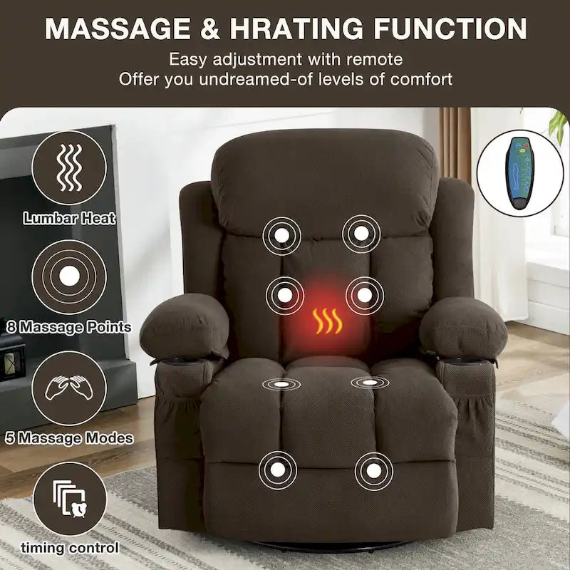 Fauteuil inclinable manuel massant et chauffant en velours capitonné avec base pivotante à 360°