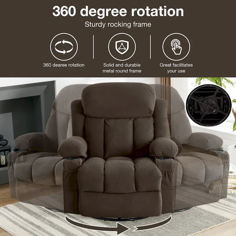 Fauteuil inclinable manuel massant et chauffant en velours capitonné avec base pivotante à 360°