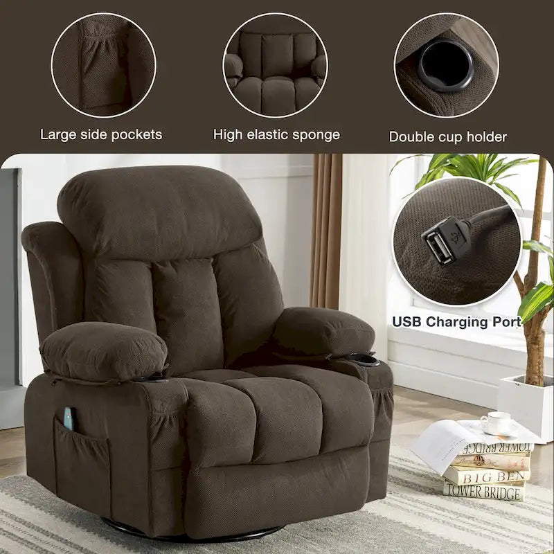 Fauteuil inclinable manuel massant et chauffant en velours capitonné avec base pivotante à 360°