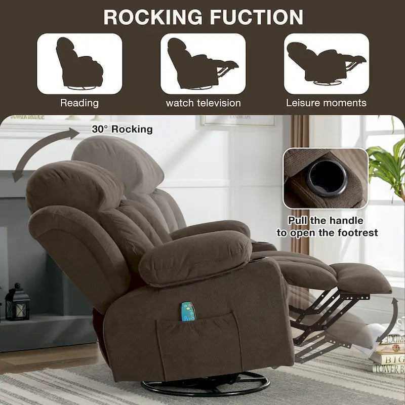 Fauteuil inclinable manuel massant et chauffant en velours capitonné avec base pivotante à 360°
