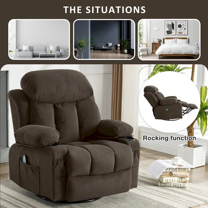 Fauteuil inclinable manuel massant et chauffant en velours capitonné avec base pivotante à 360°