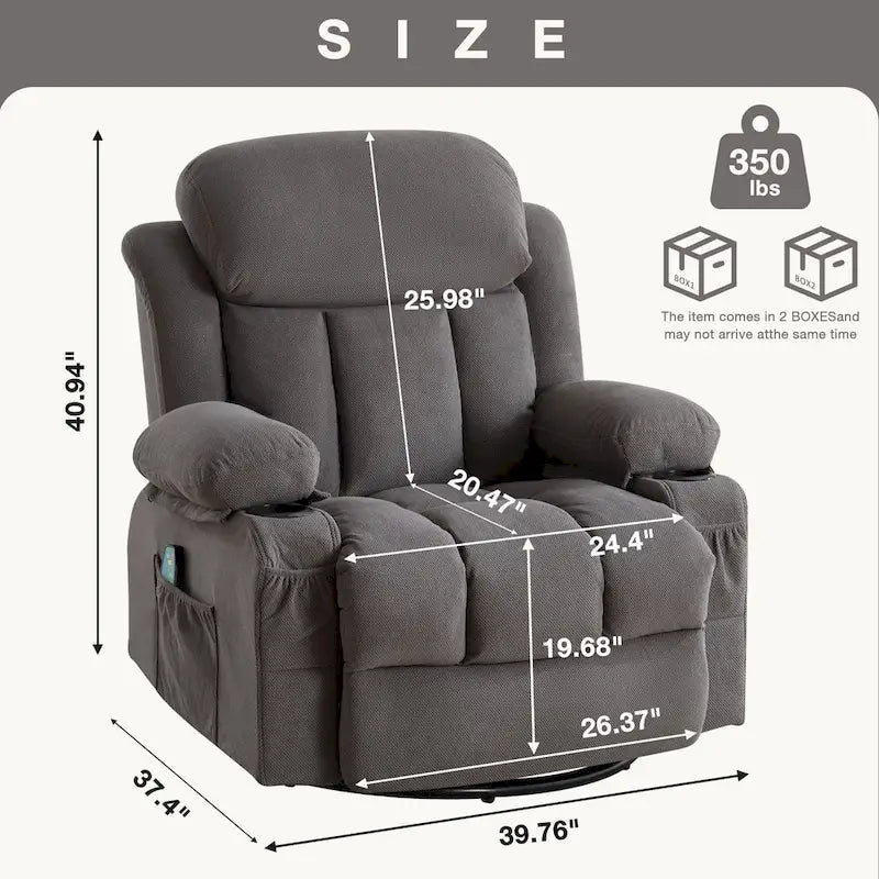 Fauteuil inclinable manuel massant et chauffant en velours capitonné avec base pivotante à 360°