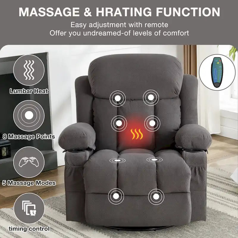 Fauteuil inclinable manuel massant et chauffant en velours capitonné avec base pivotante à 360°