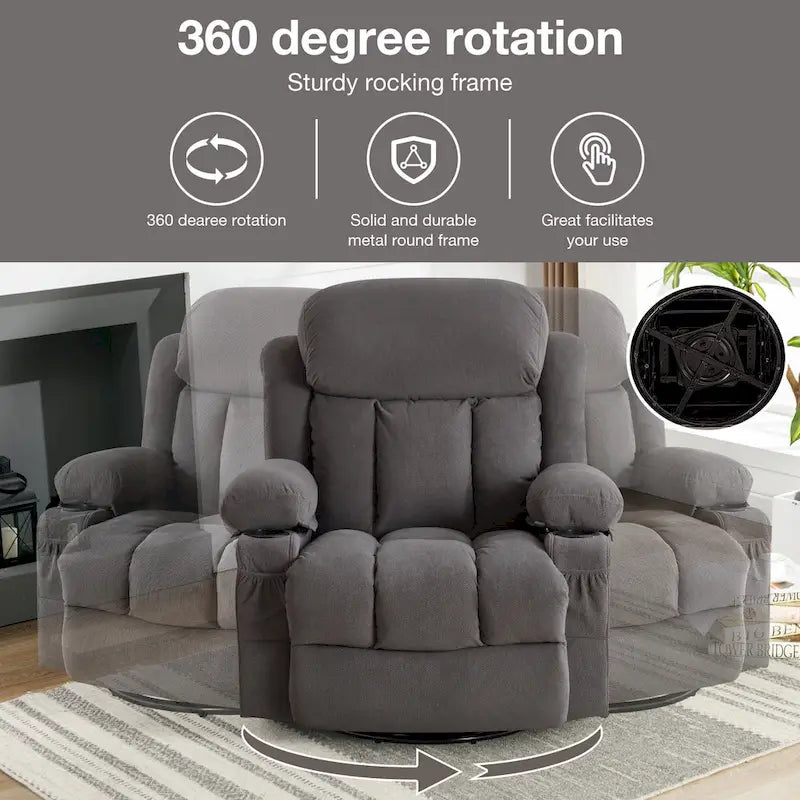 Fauteuil inclinable manuel massant et chauffant en velours capitonné avec base pivotante à 360°