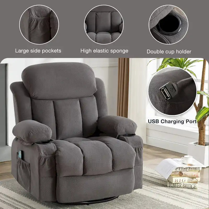 Fauteuil inclinable manuel massant et chauffant en velours capitonné avec base pivotante à 360°