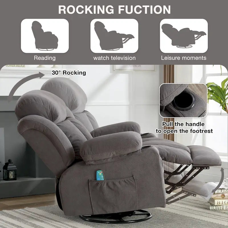 Fauteuil inclinable manuel massant et chauffant en velours capitonné avec base pivotante à 360°