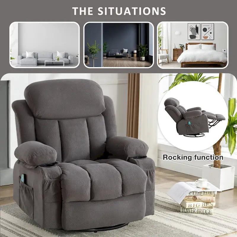 Fauteuil inclinable manuel massant et chauffant en velours capitonné avec base pivotante à 360°