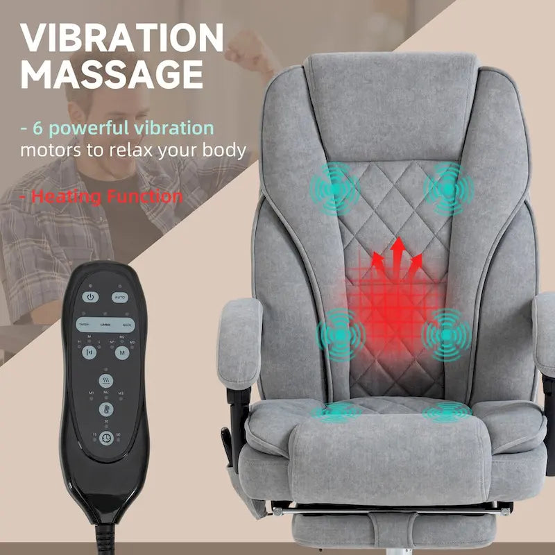 Fauteuil de bureau massant avec 6 points de vibration, fauteuil d'ordinateur inclinable et chauffant, fauteuil pivotant réglable en hauteur avec repose-pieds