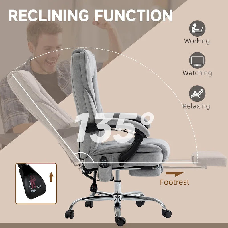Fauteuil de bureau massant avec 6 points de vibration, fauteuil d'ordinateur inclinable et chauffant, fauteuil pivotant réglable en hauteur avec repose-pieds
