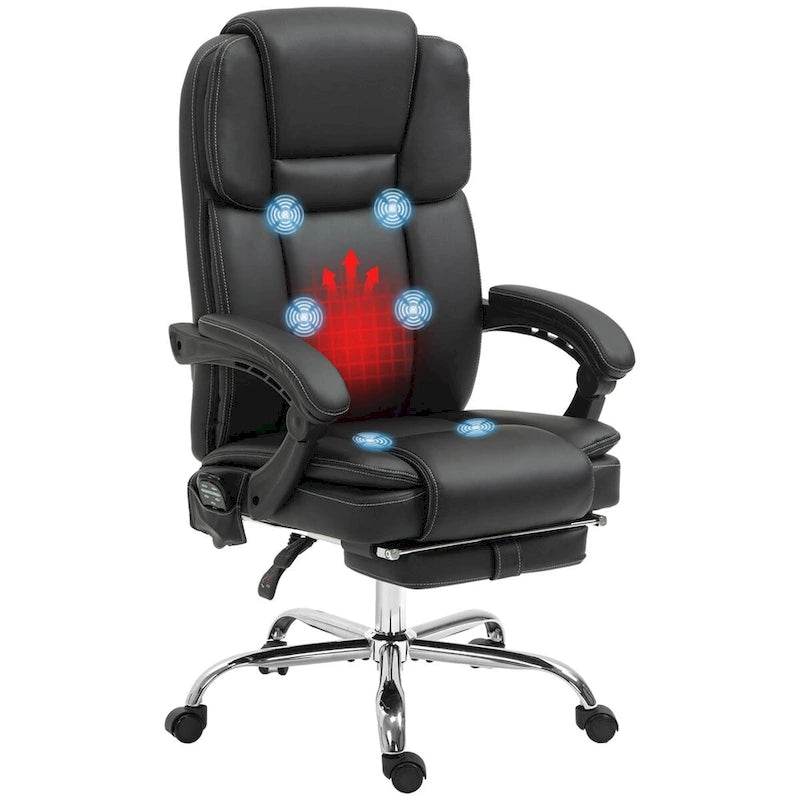 Fauteuil de bureau massant avec 6 points de vibration, fauteuil d'ordinateur inclinable et chauffant, fauteuil pivotant réglable en hauteur avec repose-pieds