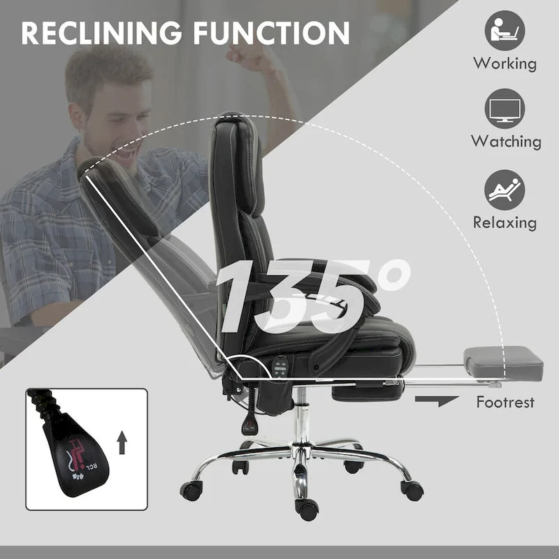 Fauteuil de bureau massant avec 6 points de vibration, fauteuil d'ordinateur inclinable et chauffant, fauteuil pivotant réglable en hauteur avec repose-pieds