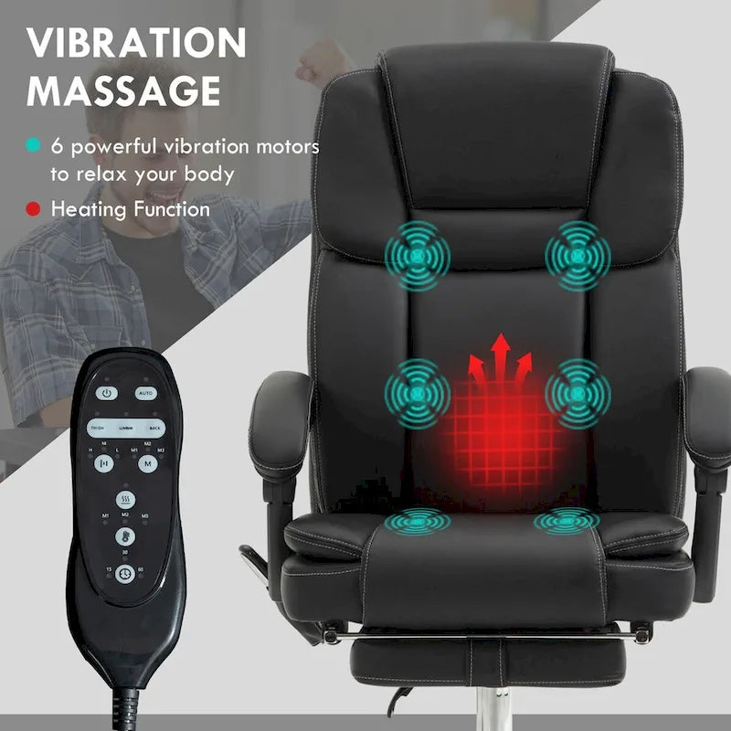 Fauteuil de bureau massant avec 6 points de vibration, fauteuil d'ordinateur inclinable et chauffant, fauteuil pivotant réglable en hauteur avec repose-pieds