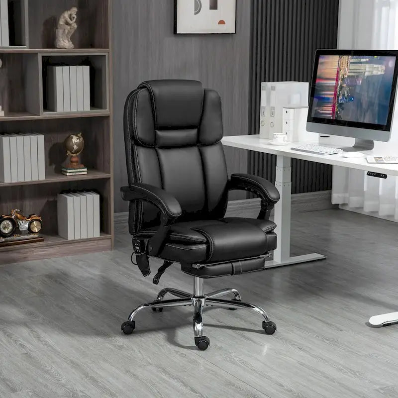 Fauteuil de bureau massant avec 6 points de vibration, fauteuil d'ordinateur inclinable et chauffant, fauteuil pivotant réglable en hauteur avec repose-pieds
