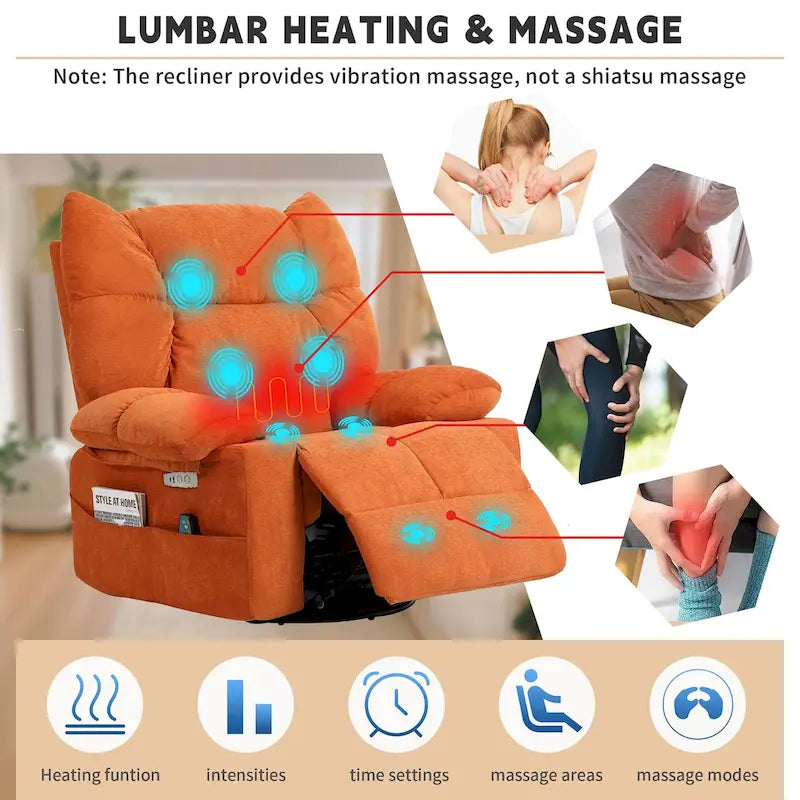 Fauteuil inclinable pivotant XINMICS, fauteuil inclinable électrique avec fonction massage et chauffage, fonction glissière et bascule