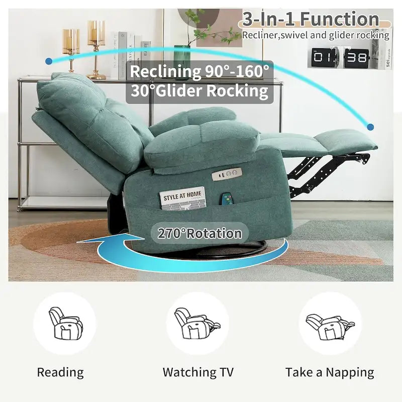 Fauteuil inclinable pivotant XINMICS, fauteuil inclinable électrique avec fonction massage et chauffage, fonction glissière et bascule