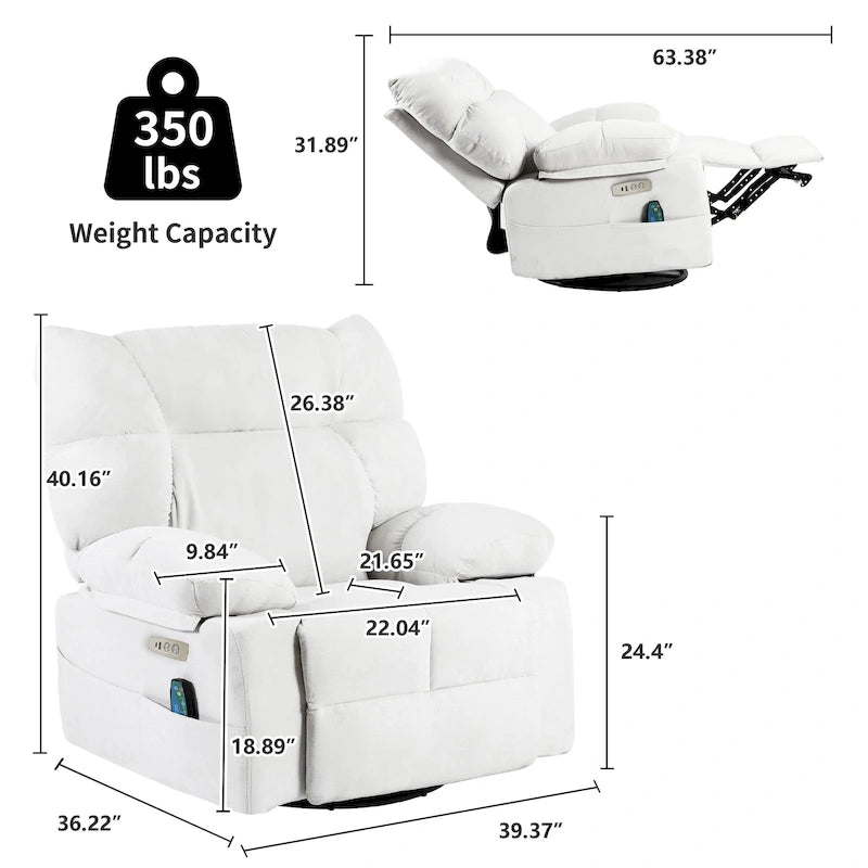 Fauteuil inclinable pivotant XINMICS, fauteuil inclinable électrique avec fonction massage et chauffage, fonction glissière et bascule