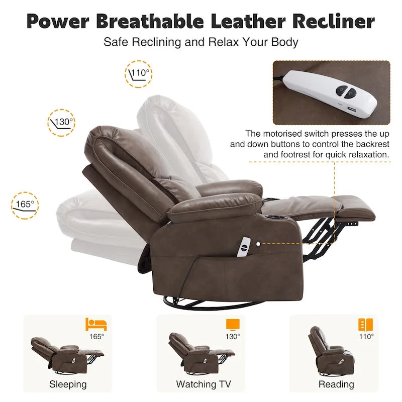 Fauteuil inclinable électrique HOMYKA de 34,2 po de large en similicuir, pivotant et berçant, avec port USB