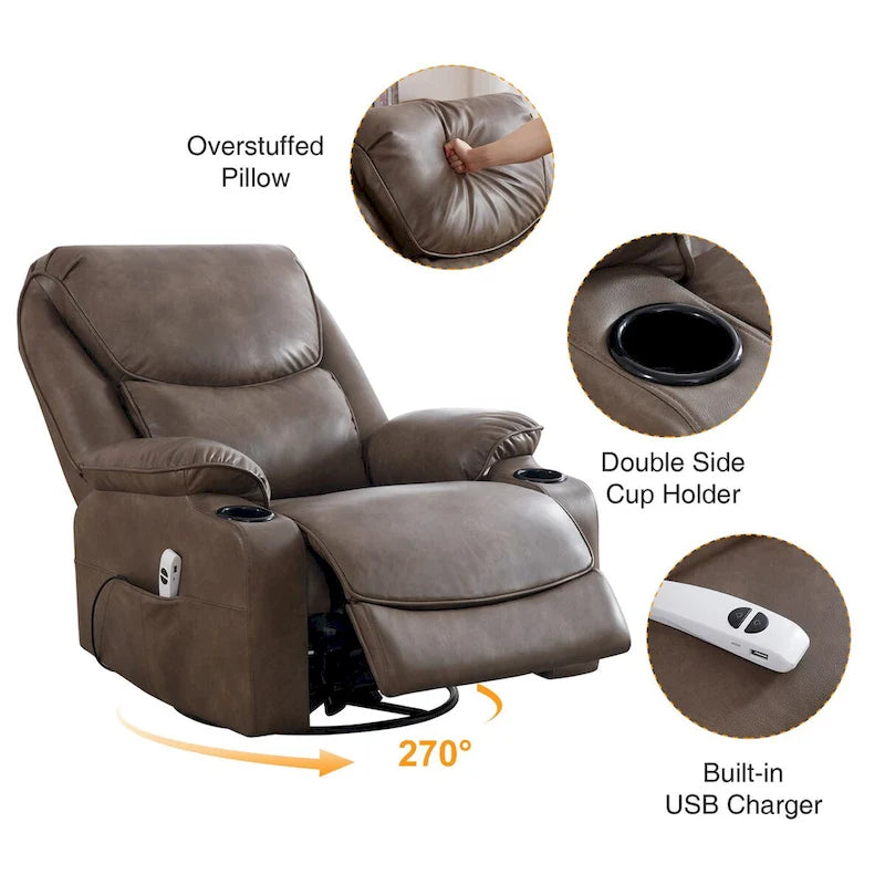 Fauteuil inclinable électrique HOMYKA de 34,2 po de large en similicuir, pivotant et berçant, avec port USB