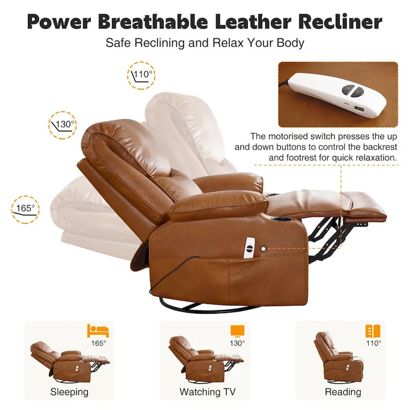 Fauteuil inclinable électrique HOMYKA de 34,2 po de large en similicuir, pivotant et berçant, avec port USB