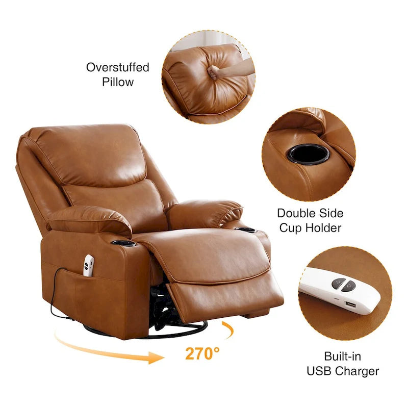 Fauteuil inclinable électrique HOMYKA de 34,2 po de large en similicuir, pivotant et berçant, avec port USB