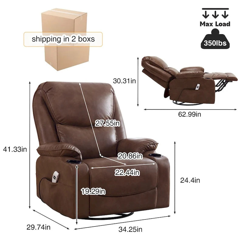 Fauteuil inclinable électrique HOMYKA de 34,2 po de large en similicuir, pivotant et berçant, avec port USB