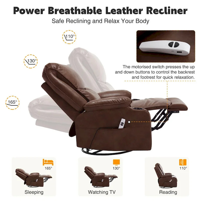Fauteuil inclinable électrique HOMYKA de 34,2 po de large en similicuir, pivotant et berçant, avec port USB