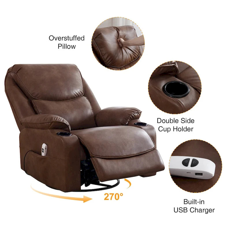 Fauteuil inclinable électrique HOMYKA de 34,2 po de large en similicuir, pivotant et berçant, avec port USB