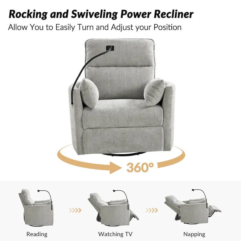 Fauteuil inclinable, berçant et pivotant Barry Modern 38 Power Nursery avec ports USB de HULALA HOME