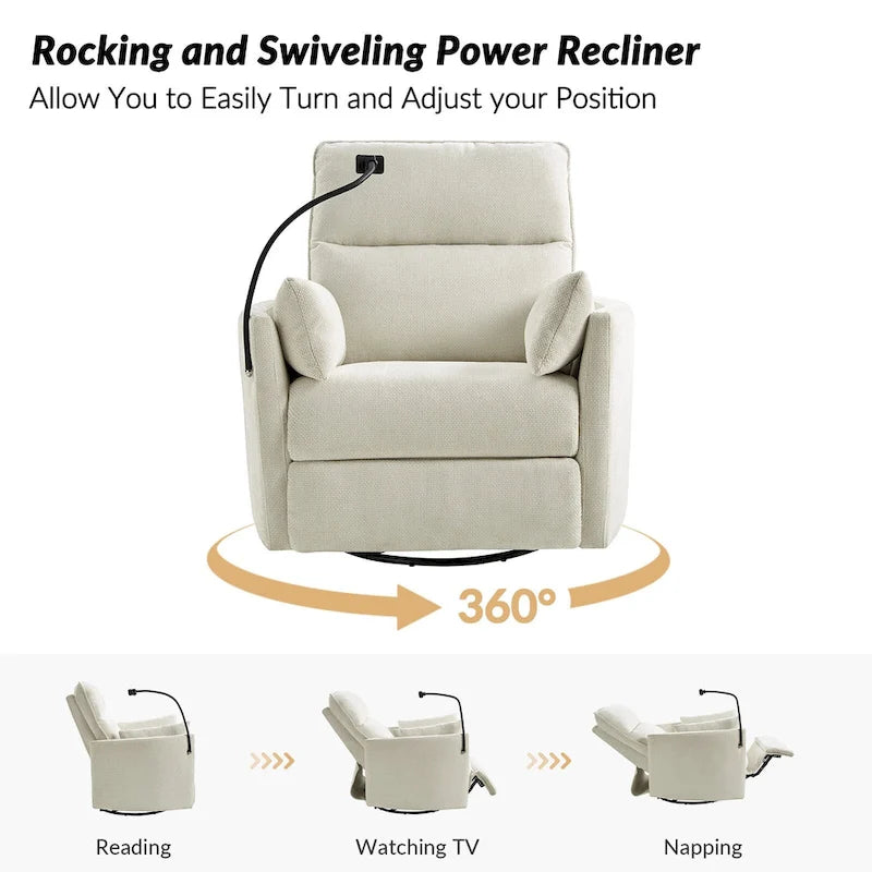 Fauteuil inclinable, berçant et pivotant Barry Modern 38 Power Nursery avec ports USB de HULALA HOME