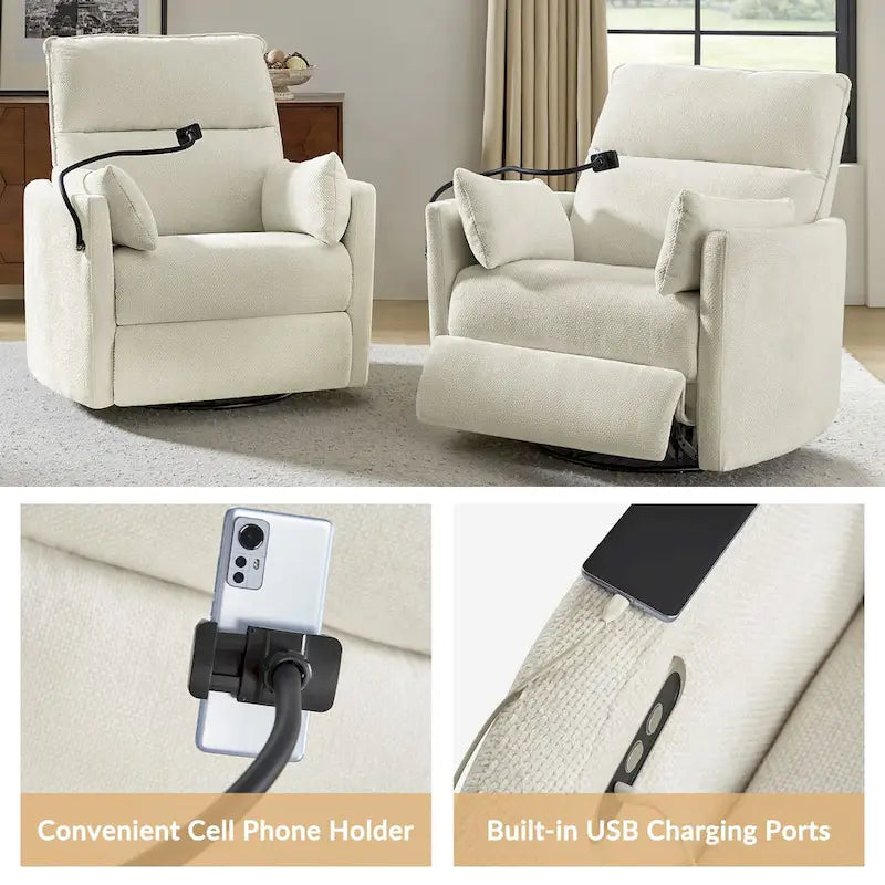 Fauteuil inclinable, berçant et pivotant Barry Modern 38 Power Nursery avec ports USB de HULALA HOME