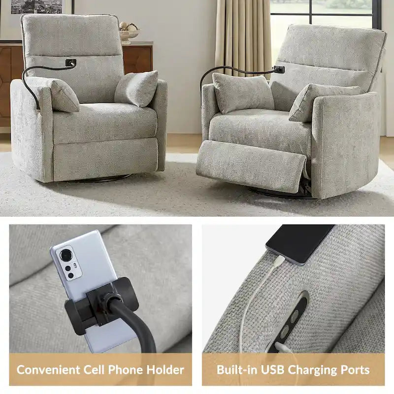 Fauteuil inclinable pivotant Barry Modern 38 Power Rocking Swivel Nursery Recliner avec ports USB lot de 2 par HULALA HOME