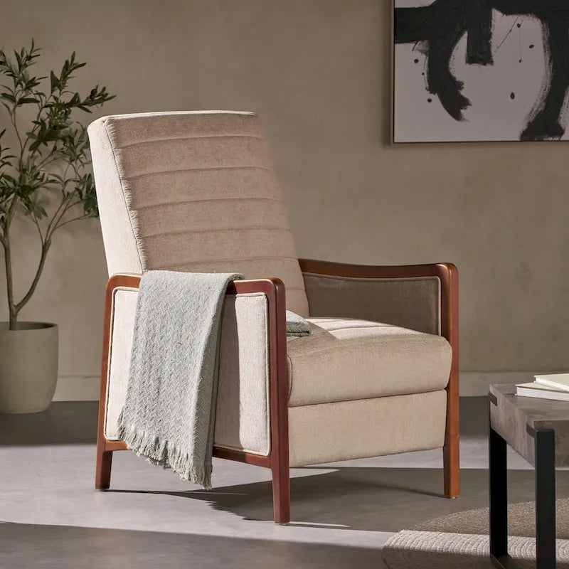 Fauteuil inclinable à poussoir en bois avec surpiqûres à canaux en tissu moderne du milieu du siècle