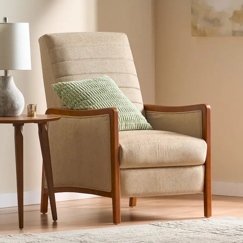 Fauteuil inclinable à poussoir en bois avec surpiqûres à canaux en tissu moderne du milieu du siècle