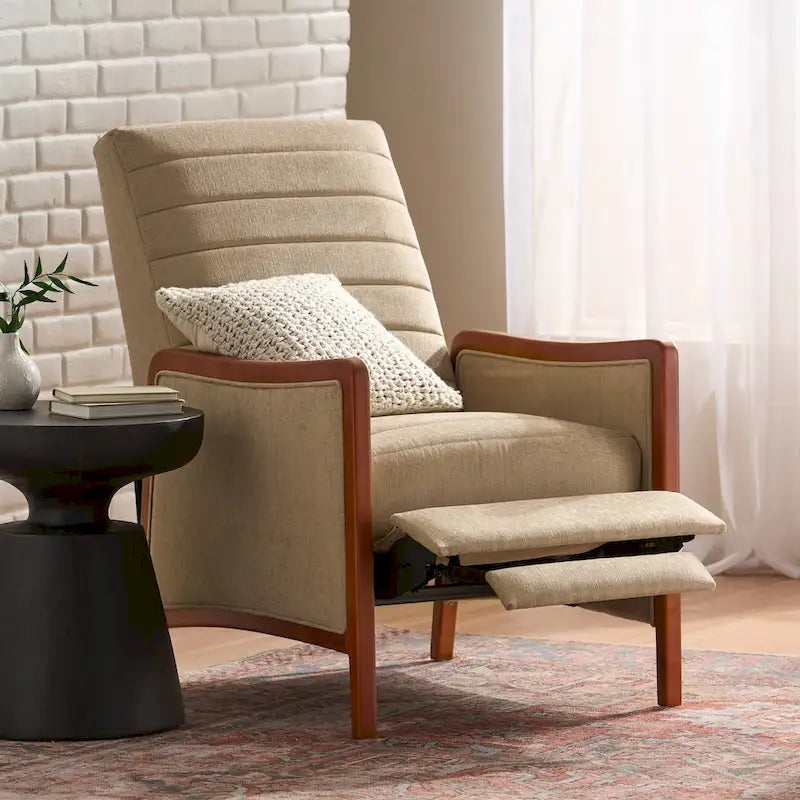 Fauteuil inclinable à poussoir en bois avec surpiqûres à canaux en tissu moderne du milieu du siècle