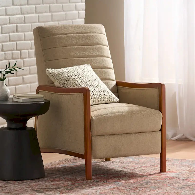 Fauteuil inclinable à poussoir en bois avec surpiqûres à canaux en tissu moderne du milieu du siècle