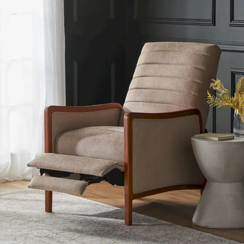 Fauteuil inclinable à poussoir en bois avec surpiqûres à canaux en tissu moderne du milieu du siècle
