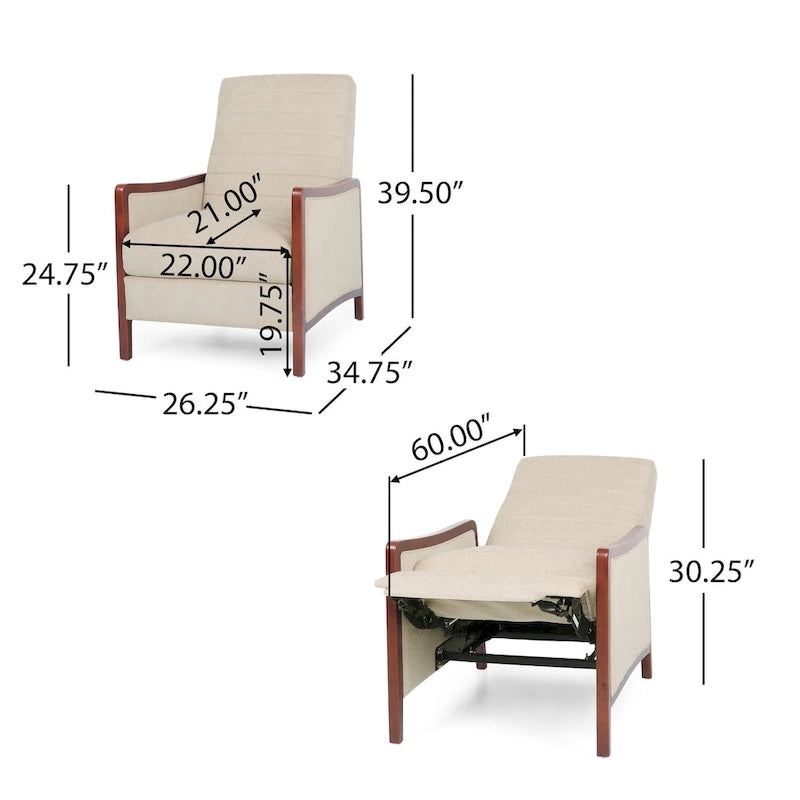 Fauteuil inclinable à poussoir en bois avec surpiqûres à canaux en tissu moderne du milieu du siècle