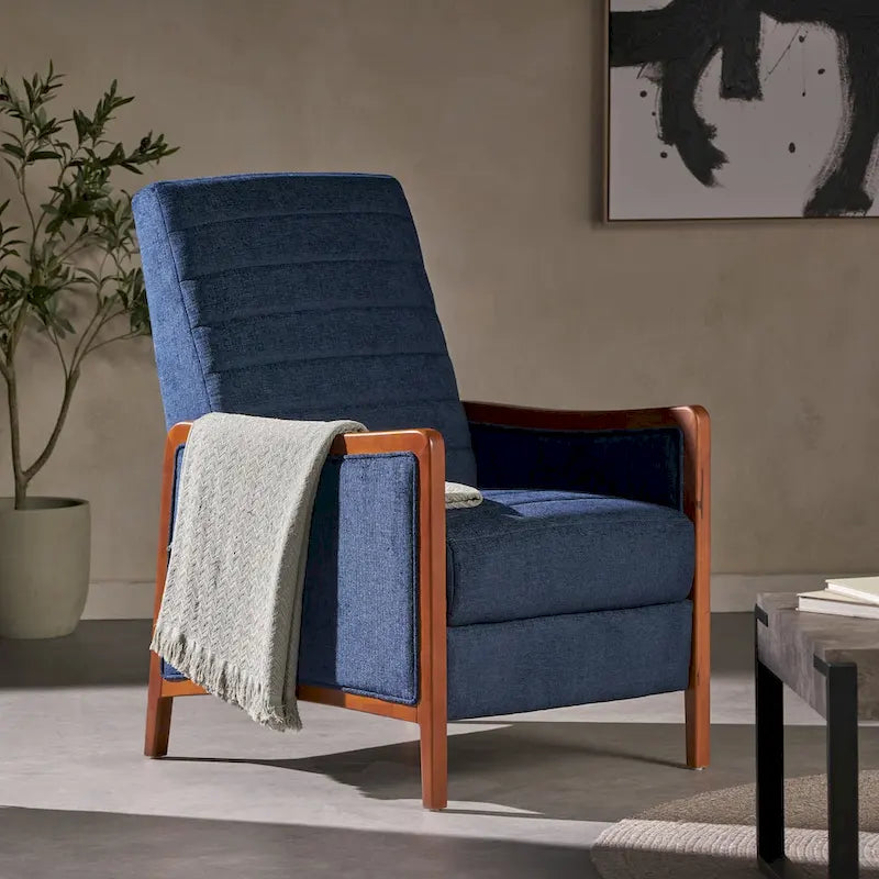 Fauteuil inclinable à poussoir en bois avec surpiqûres à canaux en tissu moderne du milieu du siècle