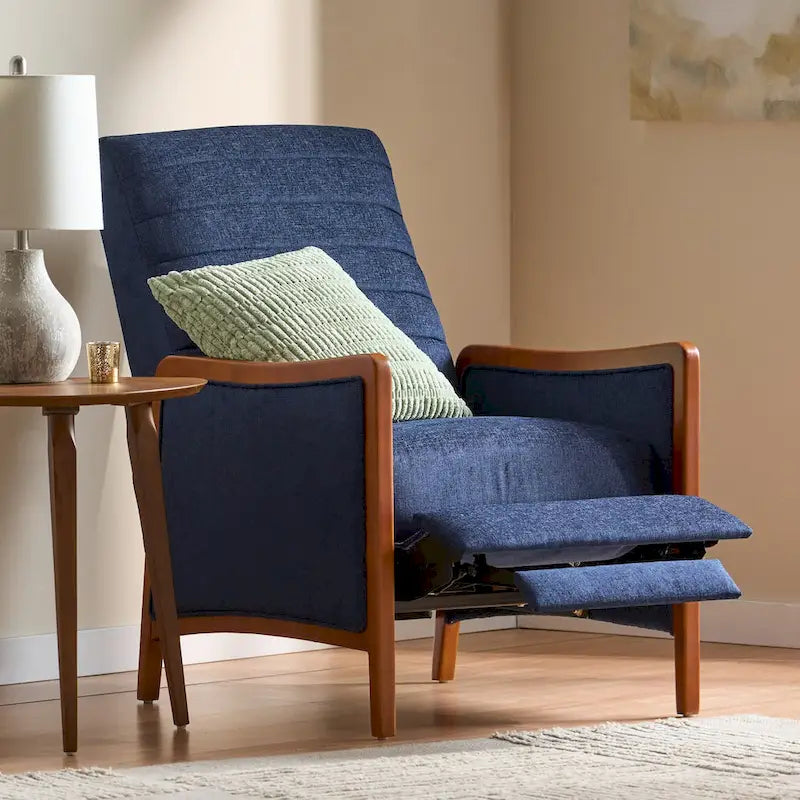 Fauteuil inclinable à poussoir en bois avec surpiqûres à canaux en tissu moderne du milieu du siècle
